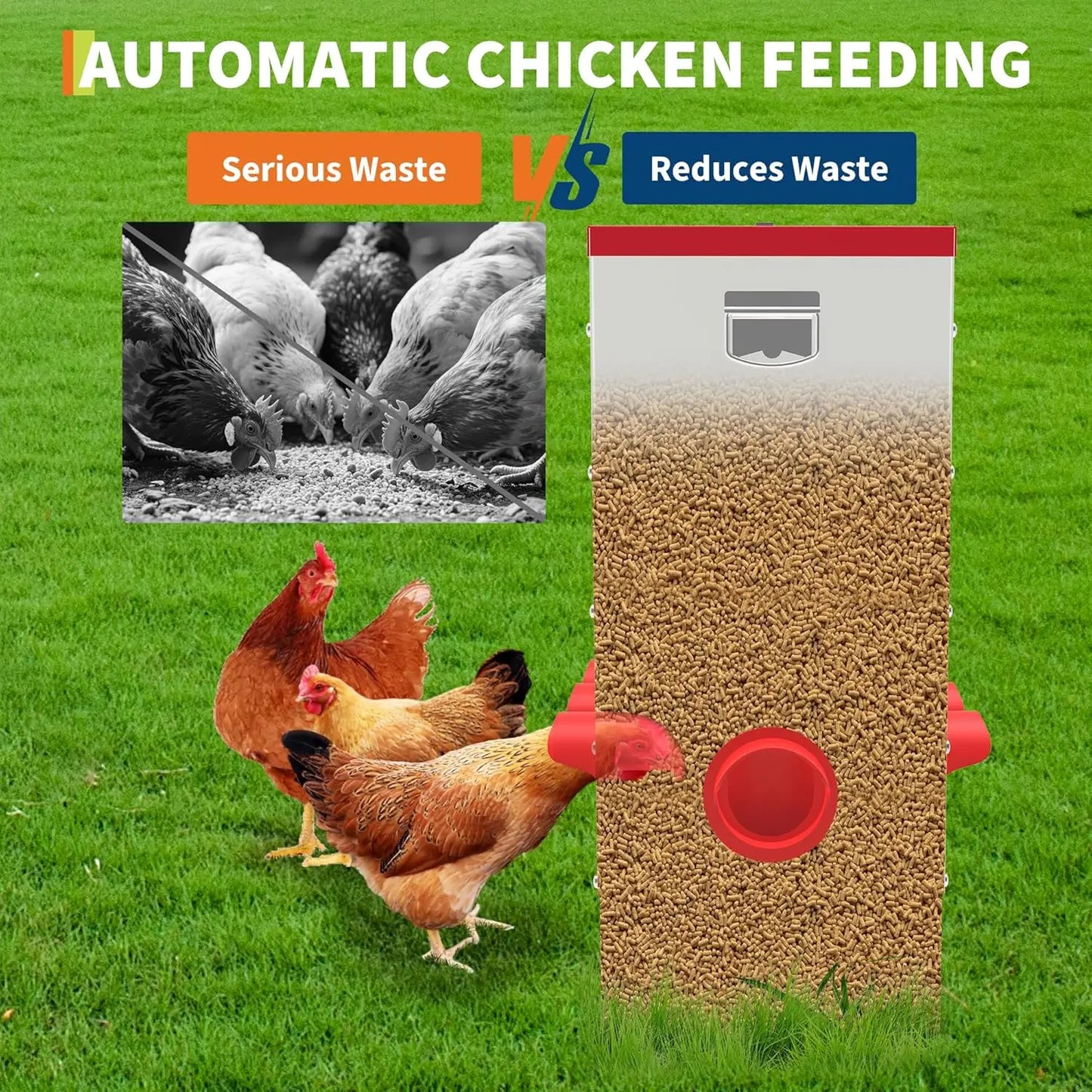 30lbs Automatic Chicken Feeder, Metal Poultry Feeder with 6-10 Port, Gravity Feed for Ducks & Poultry,Outdoor Farm & Backyard