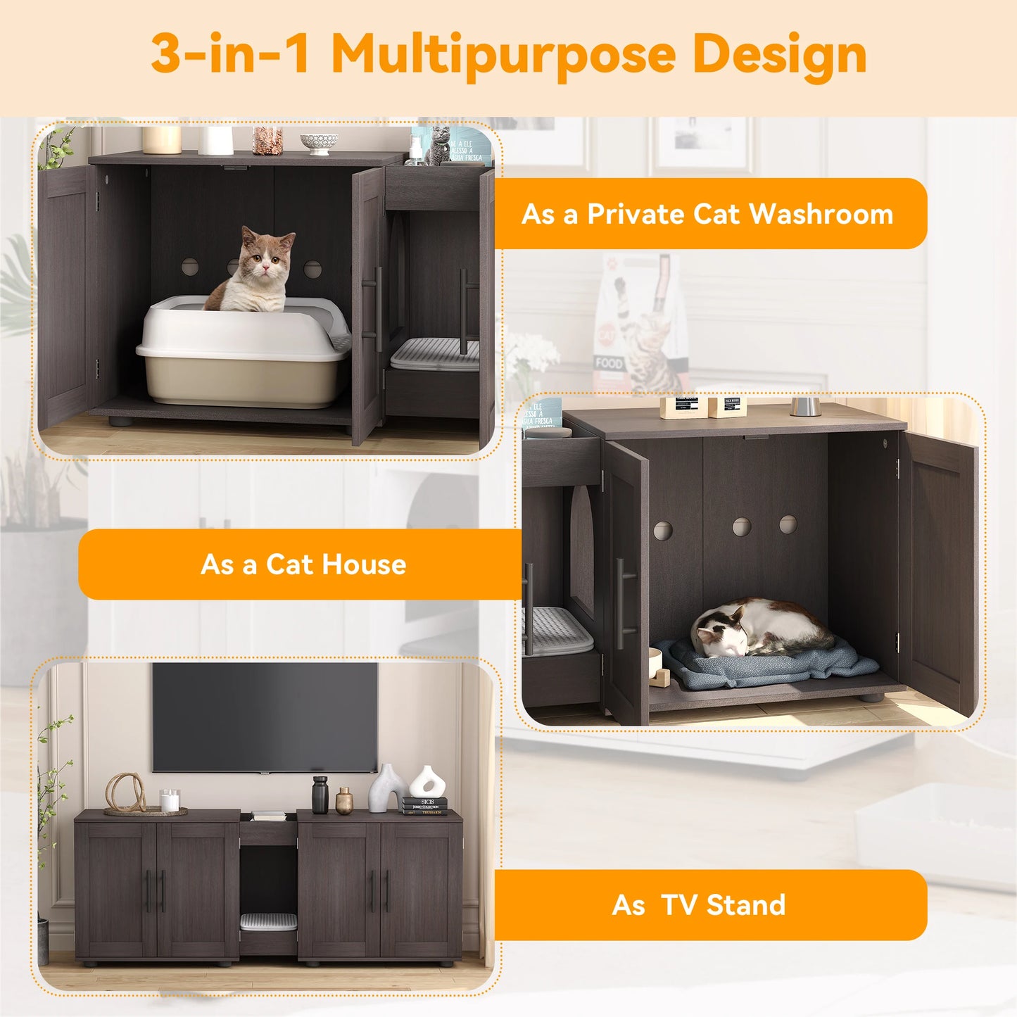 Double-Room Cat Litter Box Enclosure Furniture for 2 Cats - Wooden Design Discreet Home Decor Solution with Integrated Storage