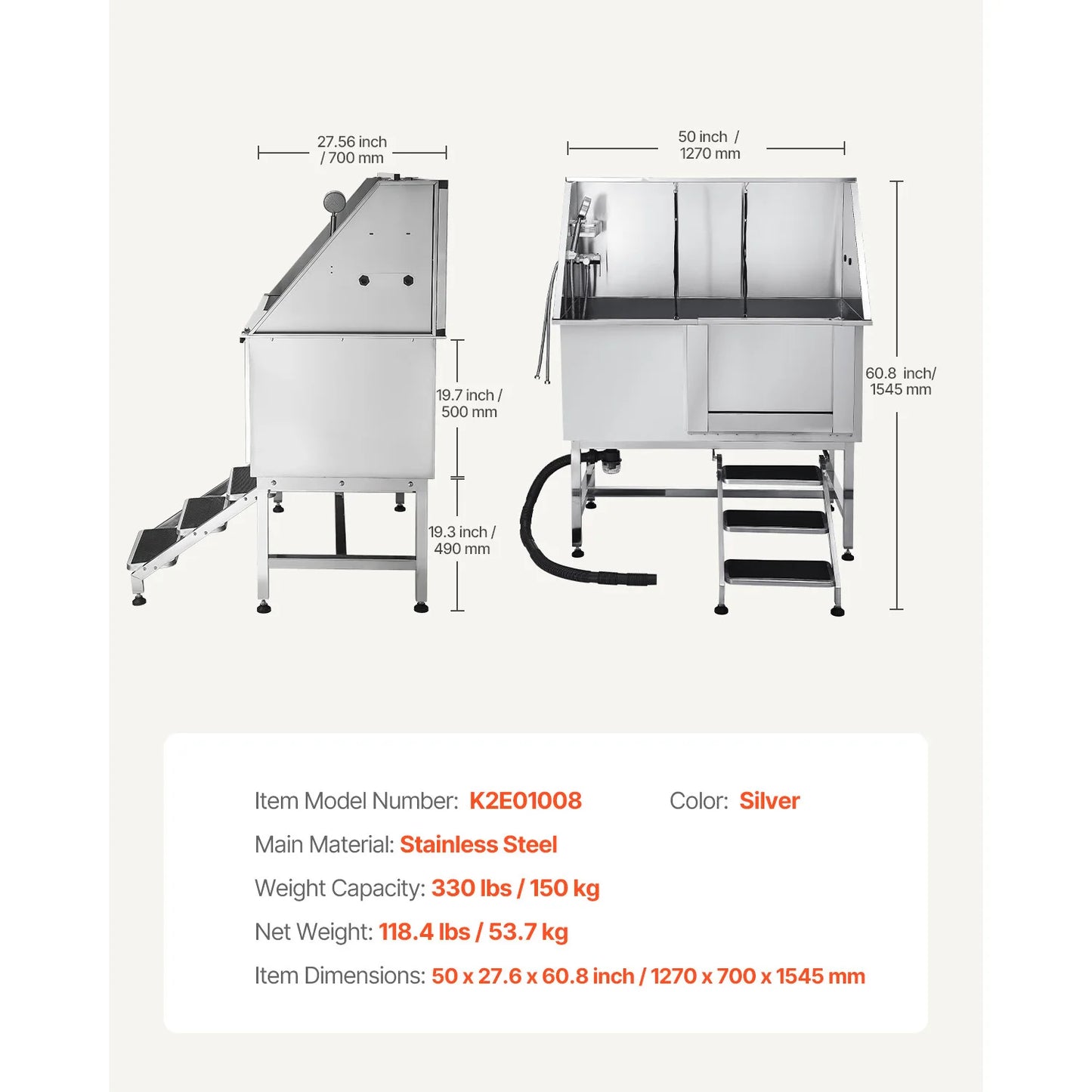 SucceBuy Stainless Steel Dog Washing Station 50inch w/ Ramp PE Water Filter Board Showerhead Soap Holder for Large Medium Small