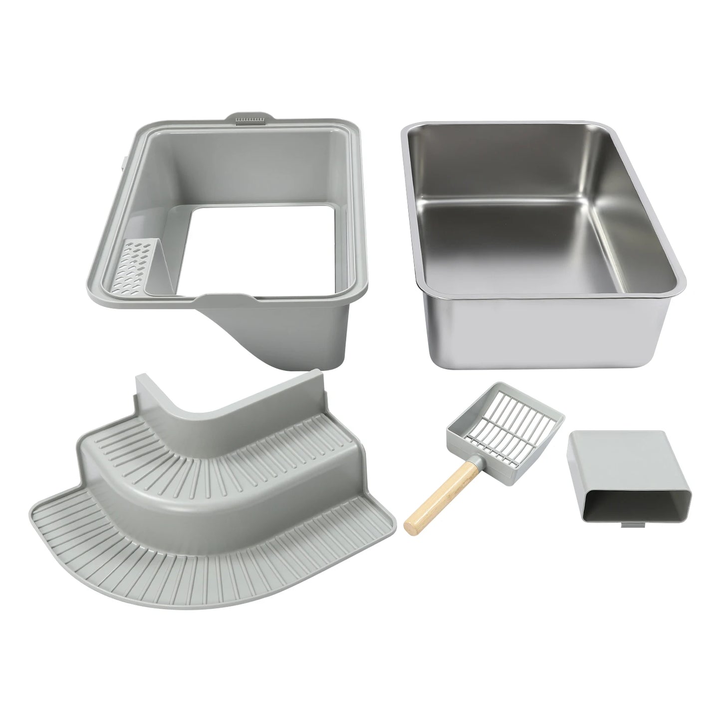 Light Grey Cat Litter Box—Stainless Steel/ABS 18.16Qt Capacity+High Sides 2-Step Stair+Litter Leak Pedal Fits Cats Up To22.05lbs