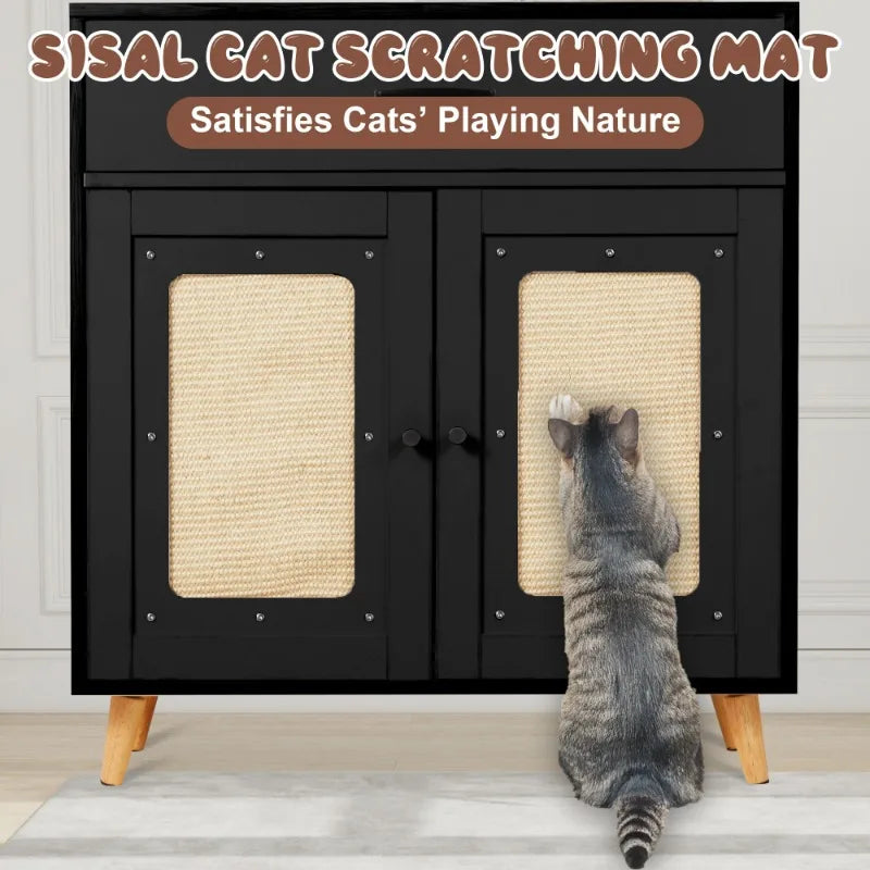 EROMMY Hidden Cat Litter Box Cabinet - Furniture with Ventilated Drawer, Slotted Odor-Control, Multi-Functional Storage Black