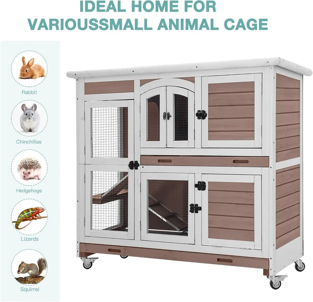 Rabbit Hutch Indoor Bunny House Guinea Pig Cage with Sliding Plastic Trays, Wheels & Ramp, Multi-Door Wooden Small Animal Cage