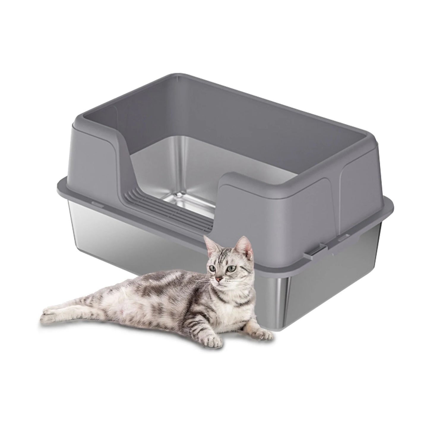 Stainless Steel Litter Box With Lid High Sided Litter Box Suitable For Middle and Small Cats Splash-Proof Cat Litter Box
