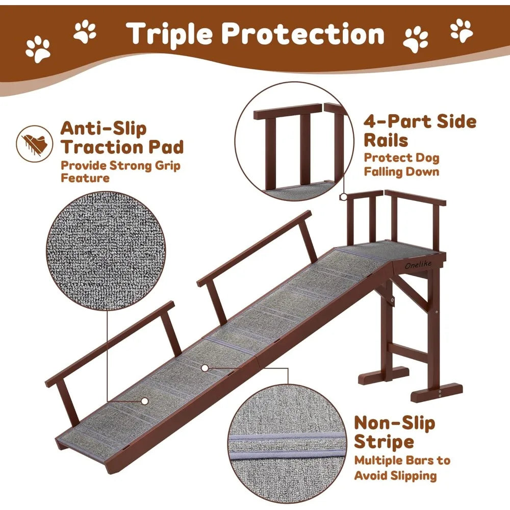 Wooden Dog Ramp for Bed with Removable Side Rail and Non-Slip Carpet, Stable Pet Ramp Stair for Couch Sofa for Small & Large & S