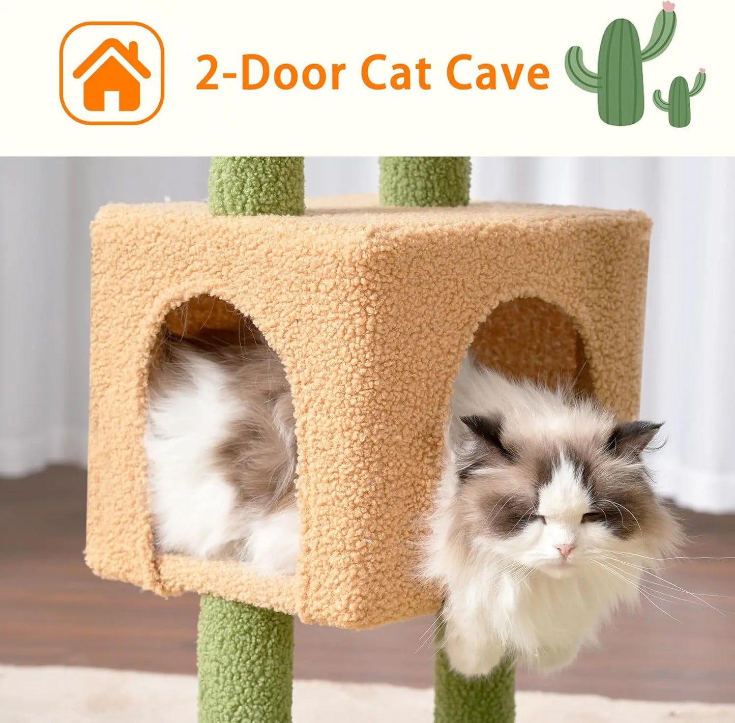 Cat Tree 39.4' Cactus Tower with Scratching Post, Sisal Pole, Soft Platform, 2 Baskets, Dangling Toy, Green/Yellow