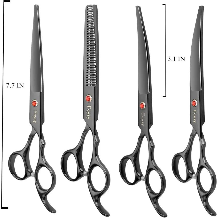 Dog Grooming Scissors Kit Professional Pet Hair Cutting Shears Set with Curved Straight Blades Scissors Thinning Shears Stainle