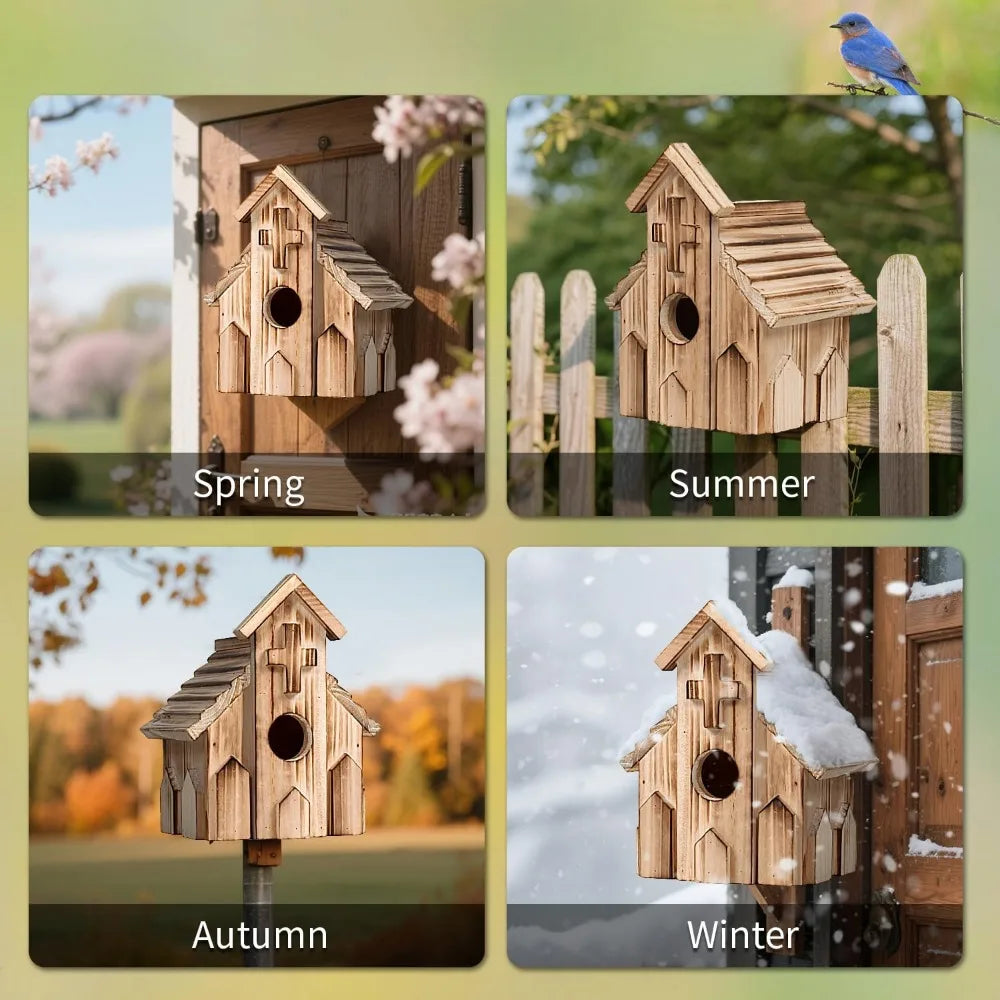 Church Birdhouse for Outside, Wooden Hanging Bird Houses, Weather-Resistant Garden Decor for Bluebird,Sparrow,Finch,Cardinal, Ou