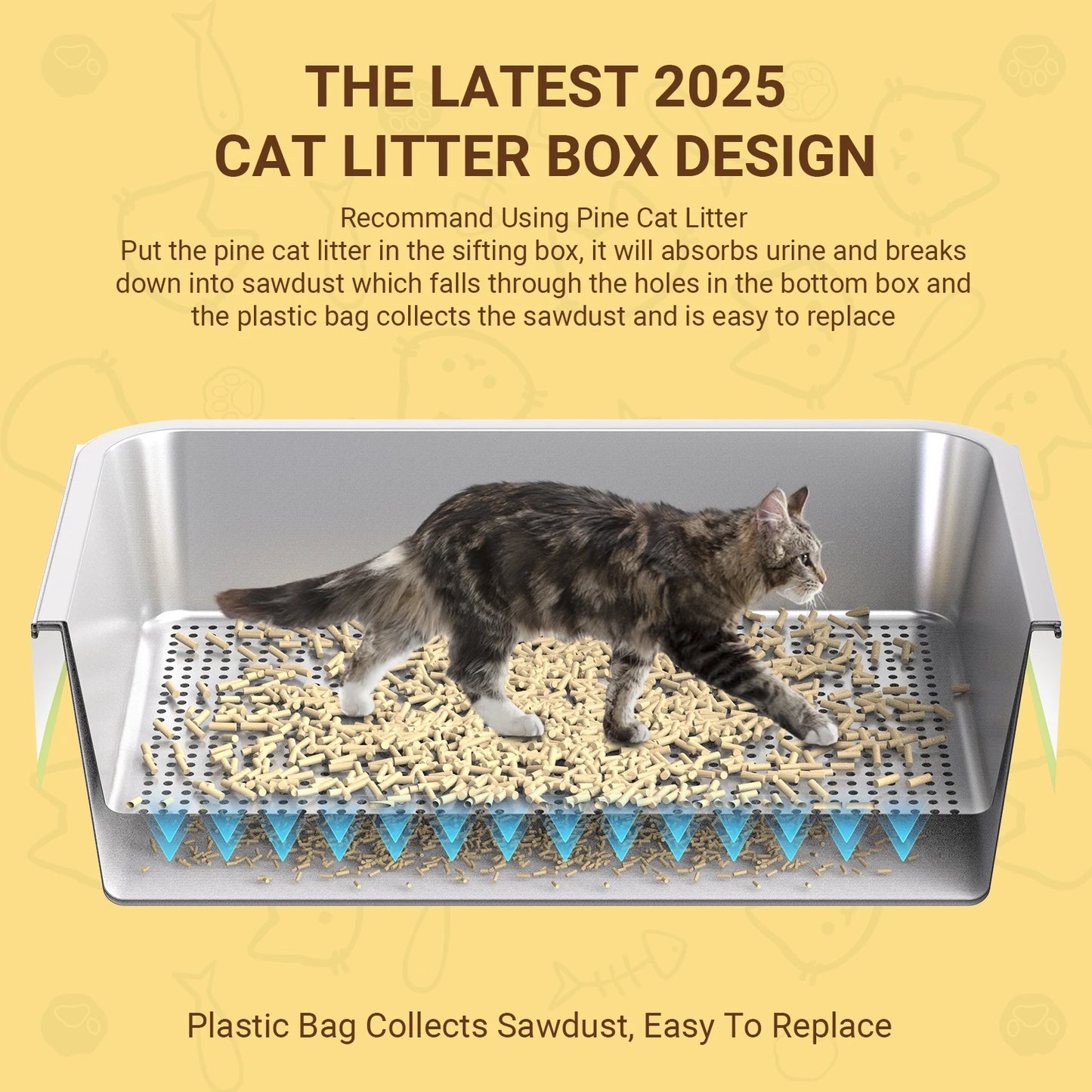 XL Stainless Steel Cat litter box, Sifting Cat Litter Box for Wood Pine Pellets, for big/fat cat, Ordor control, Easy Clean