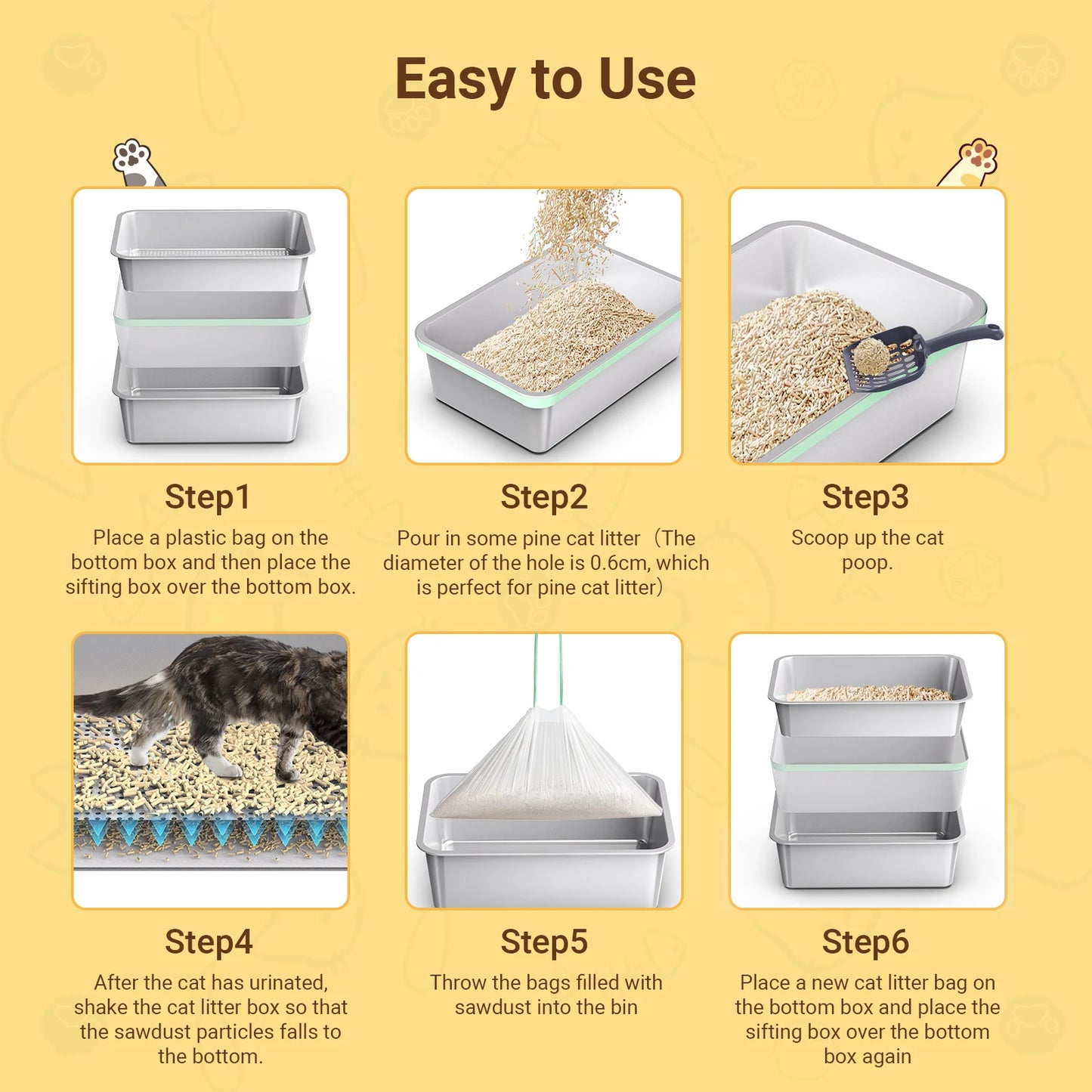 XL Stainless Steel Cat litter box, Sifting Cat Litter Box for Wood Pine Pellets, for big/fat cat, Ordor control, Easy Clean