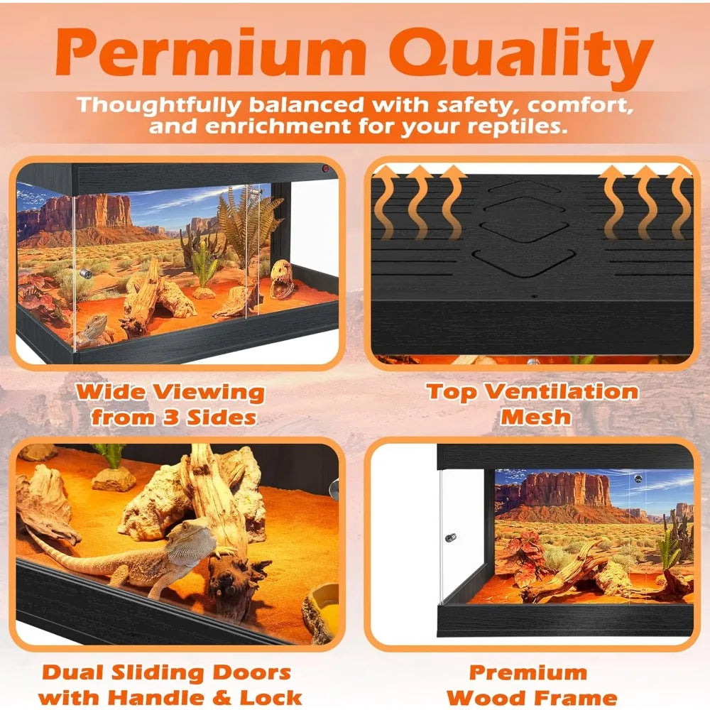 Royxen Tempered Glass Reptile Tank 62 Gallon,Reptile Enclosure with Metal Mesh Top and Lockable Design, Bearded Dragon Tank for