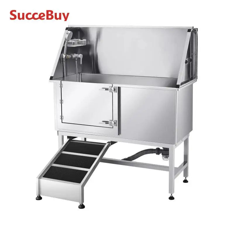 SucceBuy Stainless Steel Dog Washing Station 50inch w/ Ramp PE Water Filter Board Showerhead Soap Holder for Large Medium Small