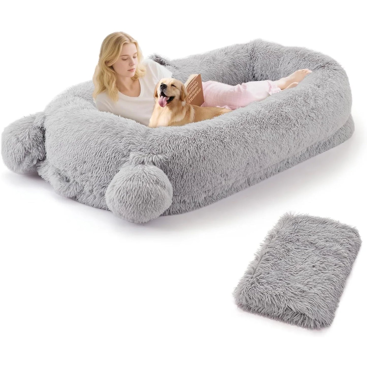 71" Large Human Size Dog Bed For Adults & Pets Removable Washable Cover Storage Pockets & Matching Blanket For Napping