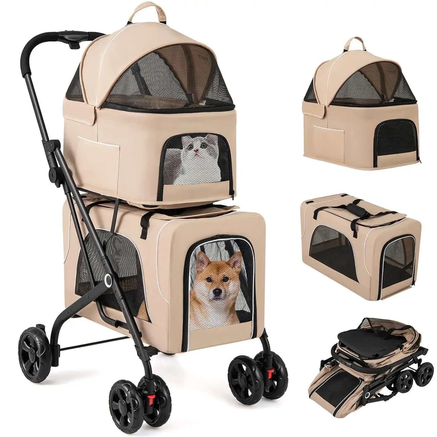 Double Dog Stroller, Removable Carrycot, Safety Belt, 4 Lockable Wheels, Pet Travel Carrycot Stroller, Foldable Cat Stroller