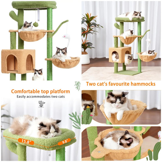 Cat Tree 39.4' Cactus Tower with Scratching Post, Sisal Pole, Soft Platform, 2 Baskets, Dangling Toy, Green/Yellow