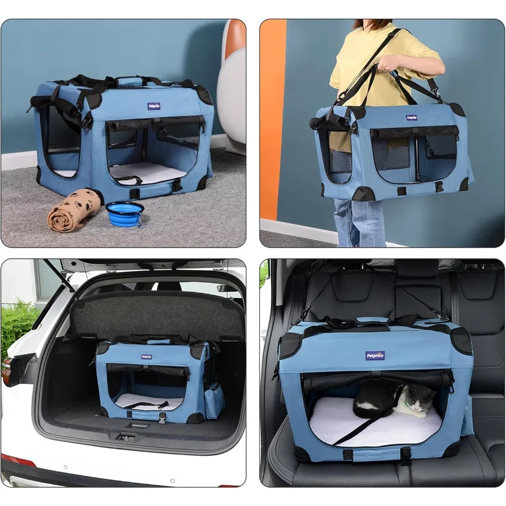 Portable Collapsible Dog Crate, Travel Dog Crate 24x17x17 with Soft Warm Blanket and Foldable Bowl for Large Cats & Small Dogs