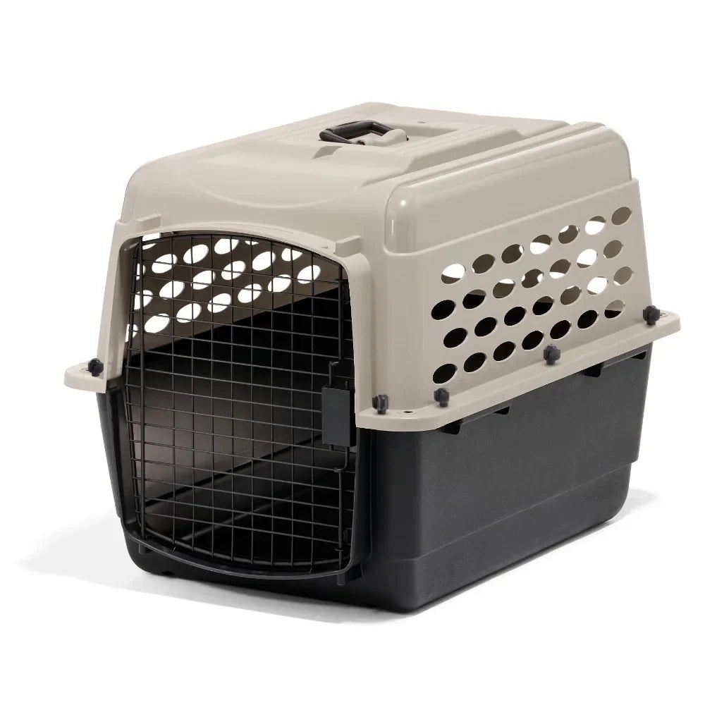 Small Plastic Dog Kennel 28" Airline Approved, Portable Pet Carrier for 20-30 lb Pets, Taupe Black Secure Travel Crate