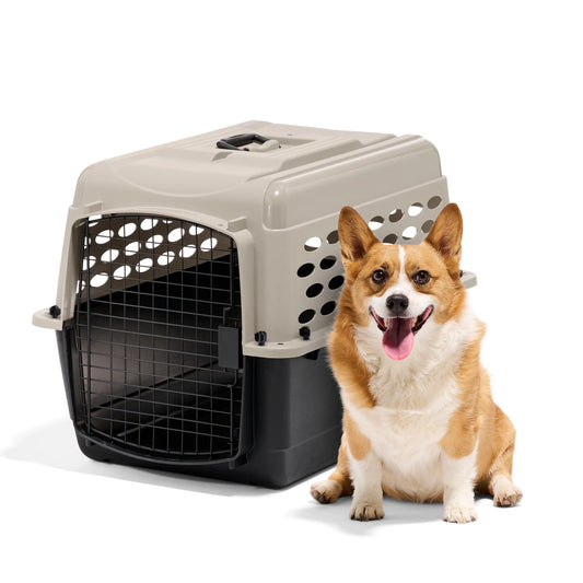 Small Plastic Dog Kennel 28" Airline Approved, Portable Pet Carrier for 20-30 lb Pets, Taupe Black Secure Travel Crate