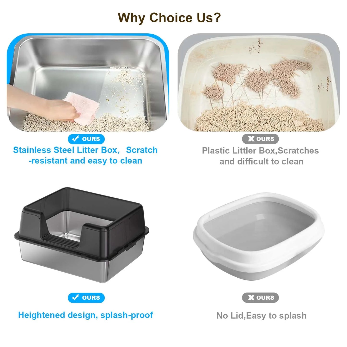 Stainless Steel Litter Box With Lid High Sided Litter Box Suitable For Middle and Small Cats Splash-Proof Cat Litter Box