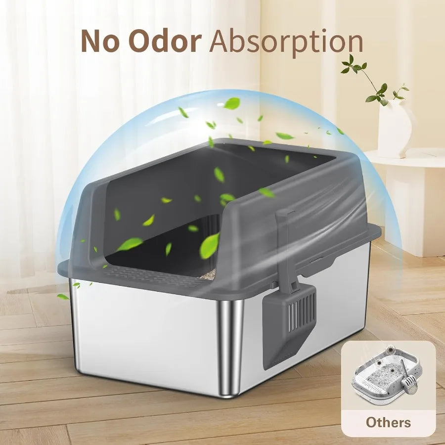 Extra Large Stainless Steel Litter Box with Lid 8Inch Deep Design for Big Cats HighSided Metal Cat Litter Tray with NonSticky S