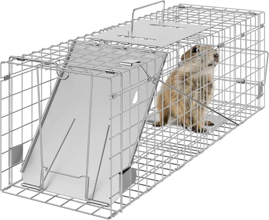 Live Animal Cage Trap,24" x 8" x 8" Humane Cat Trap Galvanized Iron,Folding Animal Trap with Handle for Small Rabbits Groundhogs