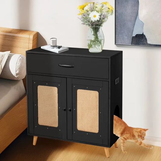 EROMMY Hidden Cat Litter Box Cabinet - Furniture with Ventilated Drawer, Slotted Odor-Control, Multi-Functional Storage Black
