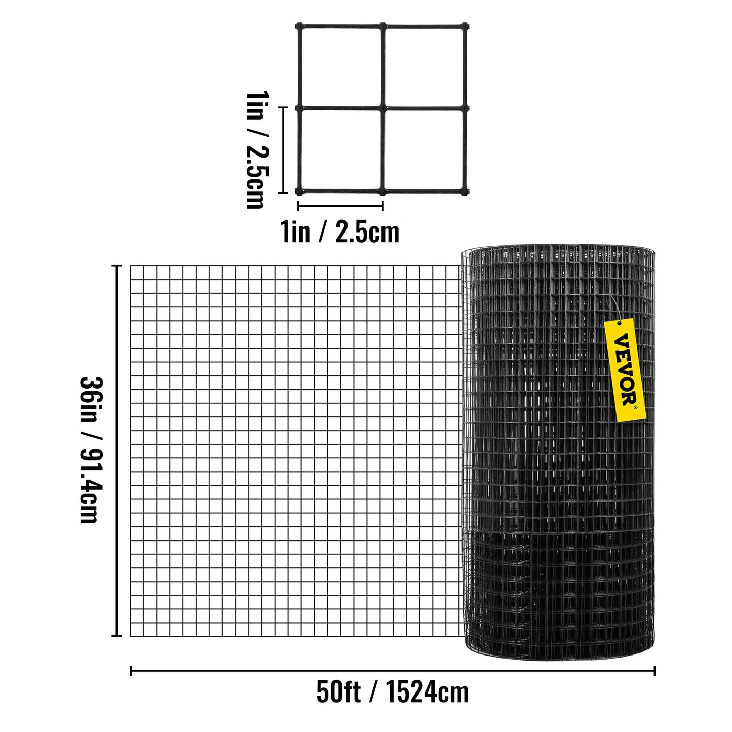 SucceBuy Welded Wire Fence Vinyl Coated Chicken Rabbit Mesh 1"x1" 16 Gauge 24"x50'/24"x100'/36"x50' Black Hardware Cloth & Mesh
