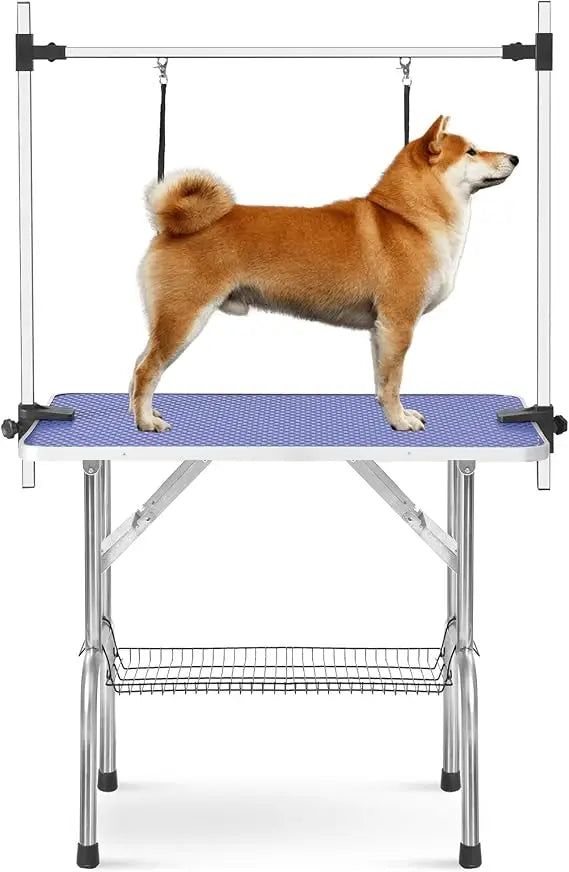 Pet Dog Grooming Table, Adjustable Large Heavy Duty Professional Foldable Trimming Stage with Arms, Noose, Mesh Tray