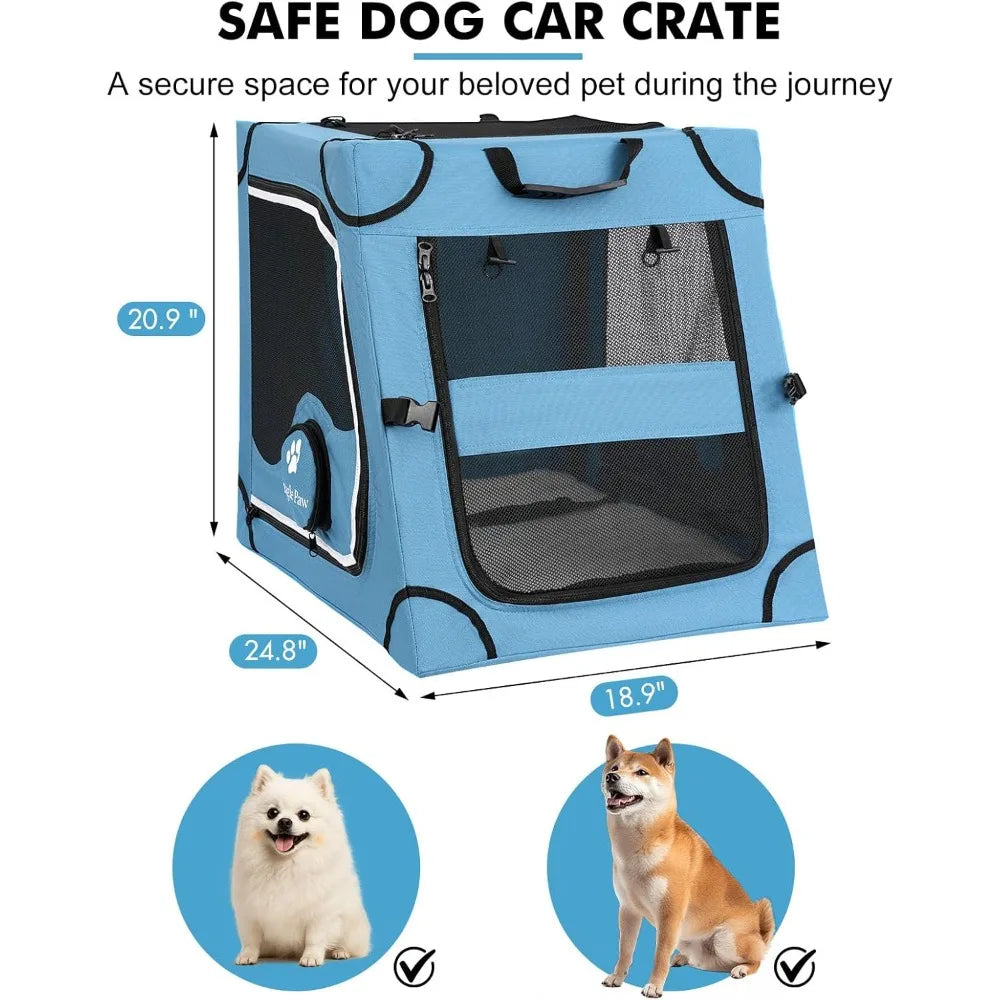 Portable Dog Crate for Car Travel, Metal Frame Pet Crate, Pet Carrier for Car Back Seat Secures with Headrest Strap