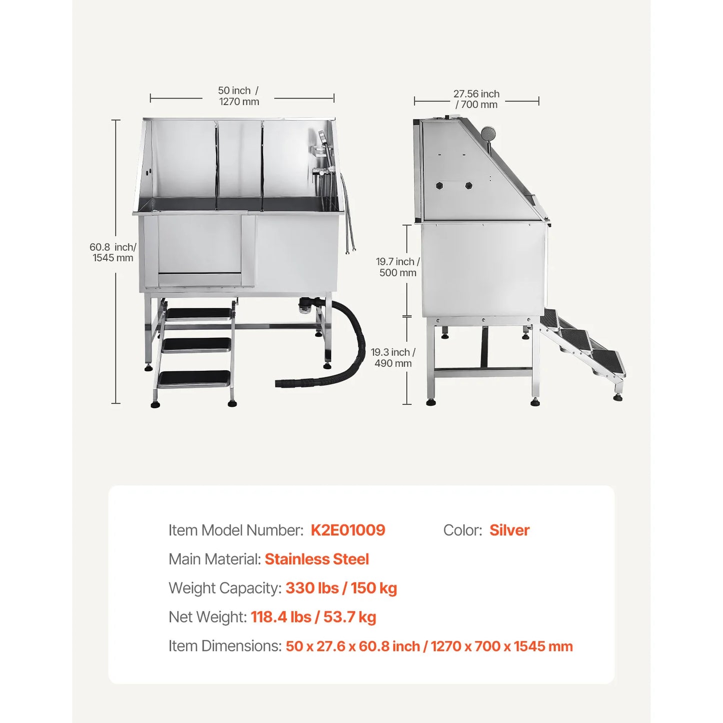 SucceBuy Stainless Steel Dog Washing Station 50inch w/ Ramp PE Water Filter Board Showerhead Soap Holder for Large Medium Small