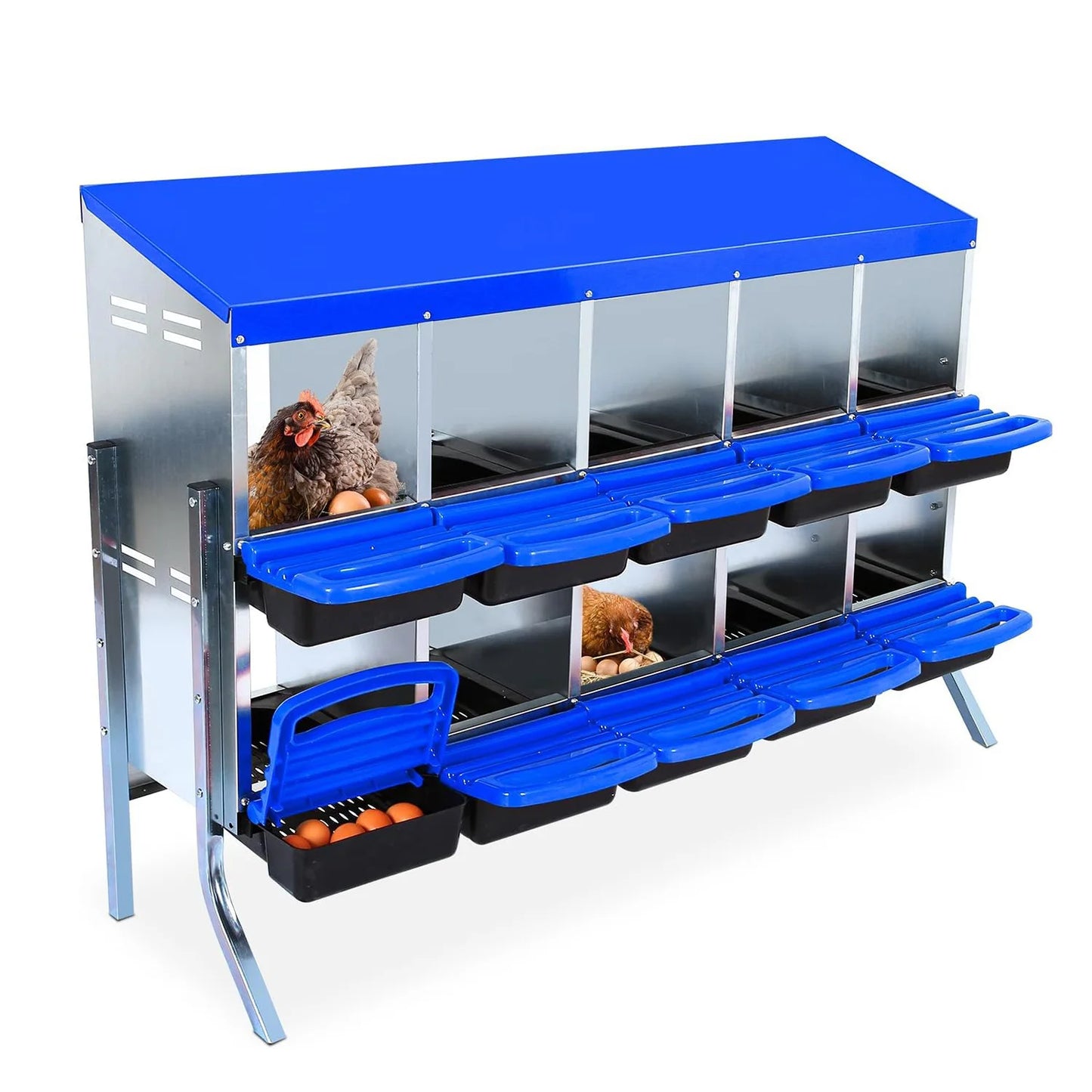 2-Tier Heavy Duty Metal Chicken Nesting Box 6/8/10 Compartment Roll Away Waterproof Roof Rust-Resistant Hen Coop Nest