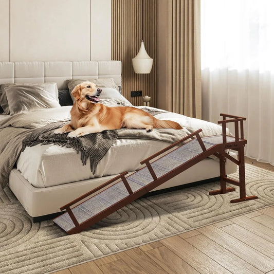 Wooden Dog Ramp for Bed with Removable Side Rail and Non-Slip Carpet, Stable Pet Ramp Stair for Couch Sofa for Small & Large & S