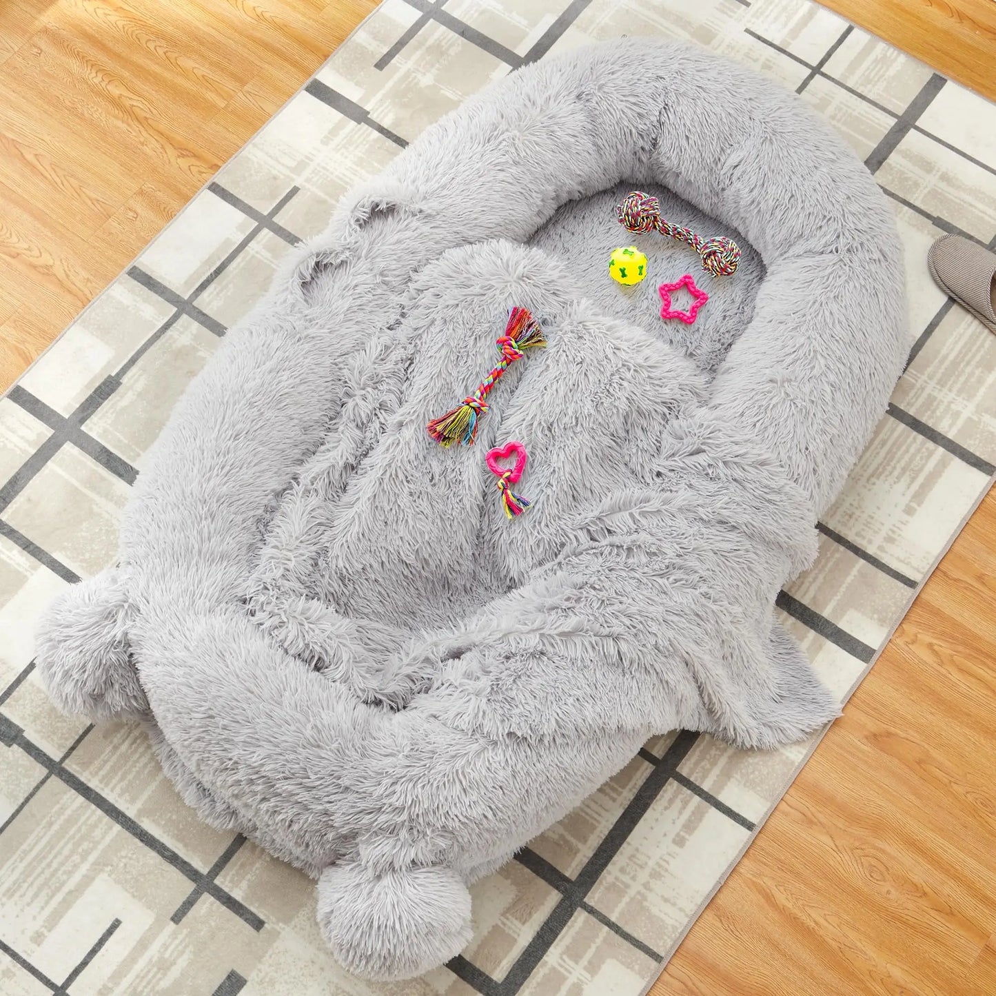 71" Large Human Size Dog Bed For Adults & Pets Removable Washable Cover Storage Pockets & Matching Blanket For Napping