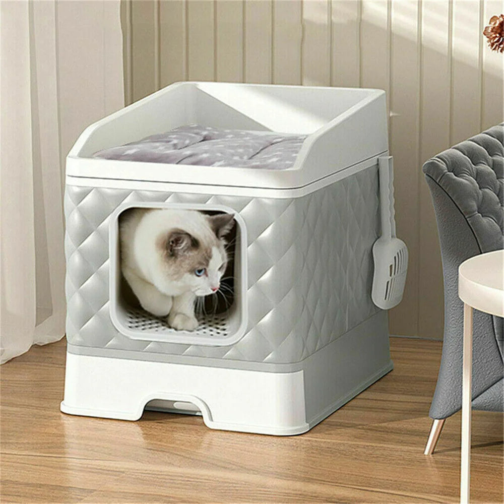 Large Cat Litter Box Enclosure Toilet Pet Hidden Cabinet House Cat Litter Tray Potty with Top Cushion Mat Bed and Litter Scoop