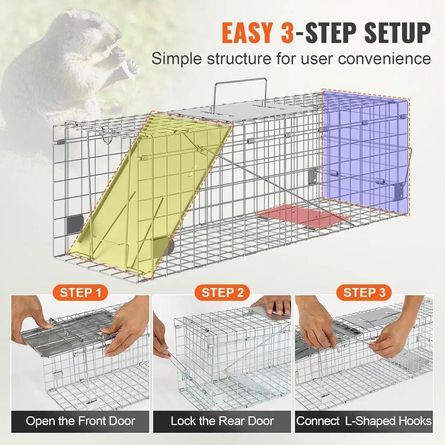 Live Animal Cage Trap,24" x 8" x 8" Humane Cat Trap Galvanized Iron,Folding Animal Trap with Handle for Small Rabbits Groundhogs