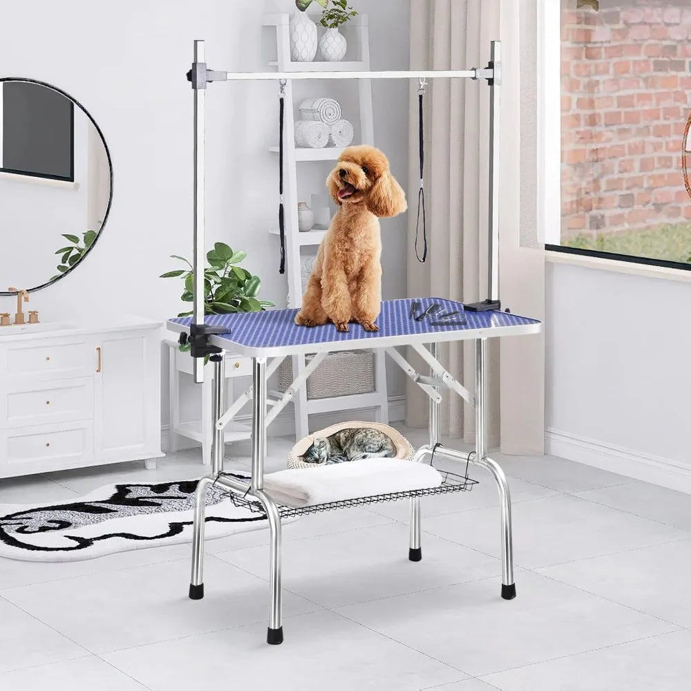 Adjustable Pet Grooming Table Heavy Duty with Arm Noose & Mesh Tray for Dog Cat Shower Table Maximum Capacity