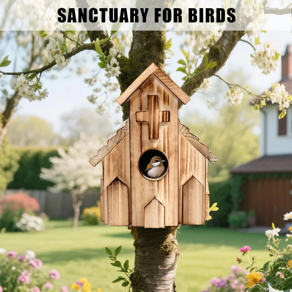 Church Birdhouse for Outside, Wooden Hanging Bird Houses, Weather-Resistant Garden Decor for Bluebird,Sparrow,Finch,Cardinal, Ou