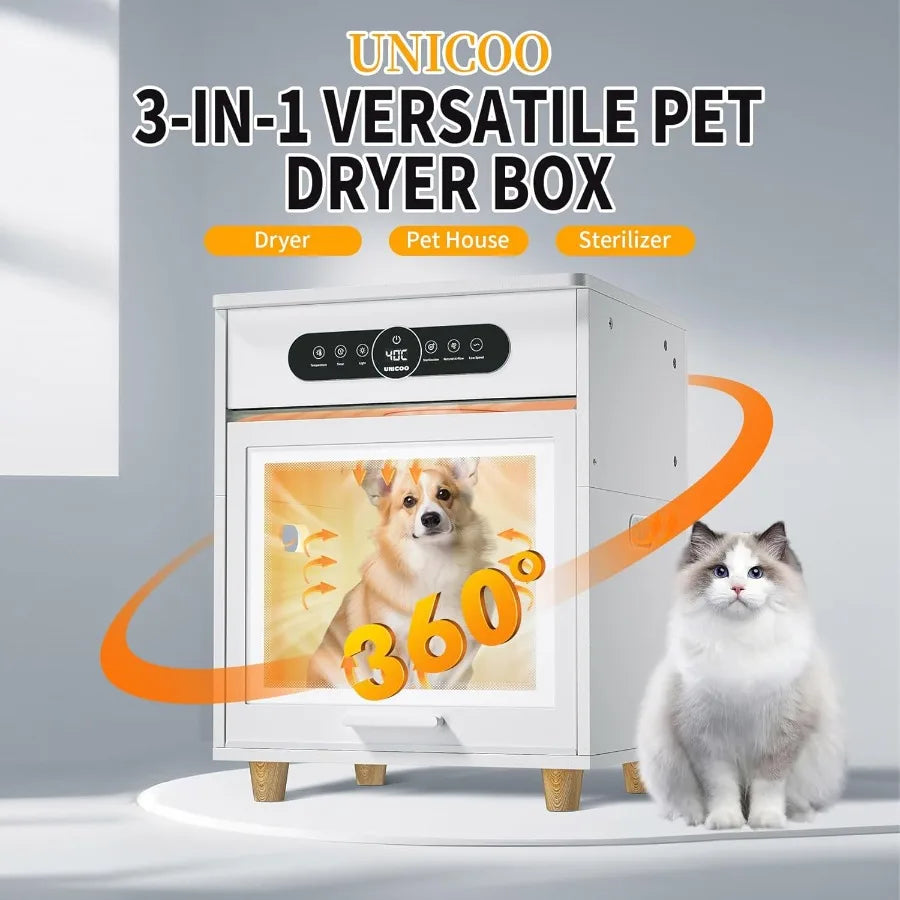 3in1 Automatic Pet Drying Box with Grooming Dryer Multifunction Ozone Sterilizer Pet House Night Stand End Table Ultra Quiet 36