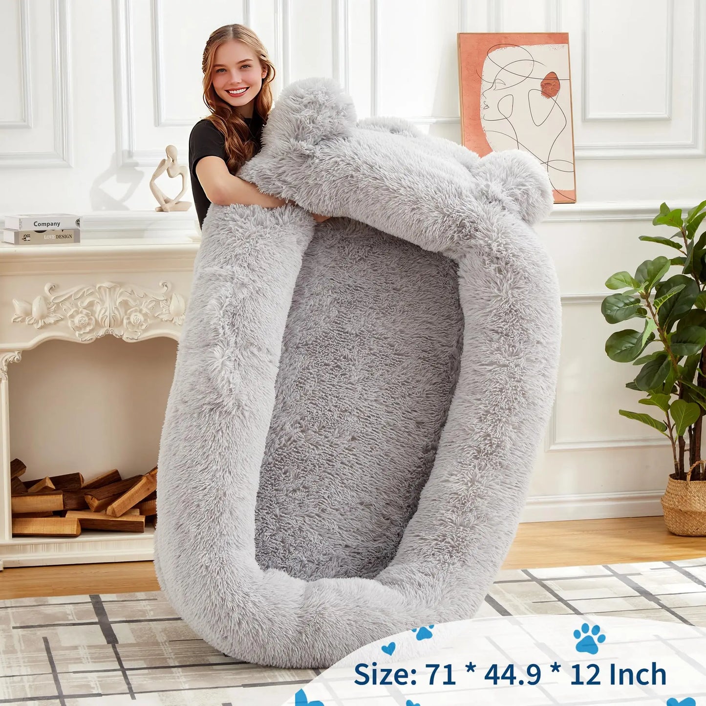 71" Large Human Size Dog Bed For Adults & Pets Removable Washable Cover Storage Pockets & Matching Blanket For Napping