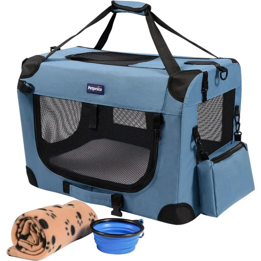 Portable Collapsible Dog Crate, Travel Dog Crate 24x17x17 with Soft Warm Blanket and Foldable Bowl for Large Cats & Small Dogs