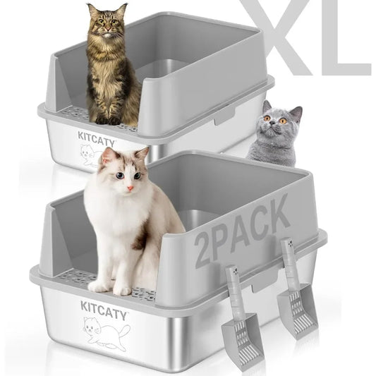 2PACK Stainless Steel Litter Box with Lid and High Sides for Large Cats XL Extra Large Size OdorProof LeakProof StainFree RustF