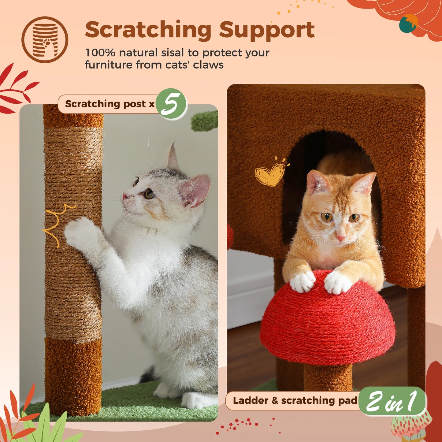 Cat Tree Floor to Ceiling Cat Tower Adjustable Height with Cat Condo Cozy Hammock and Scratching Post Tall Activity Tree Borwn