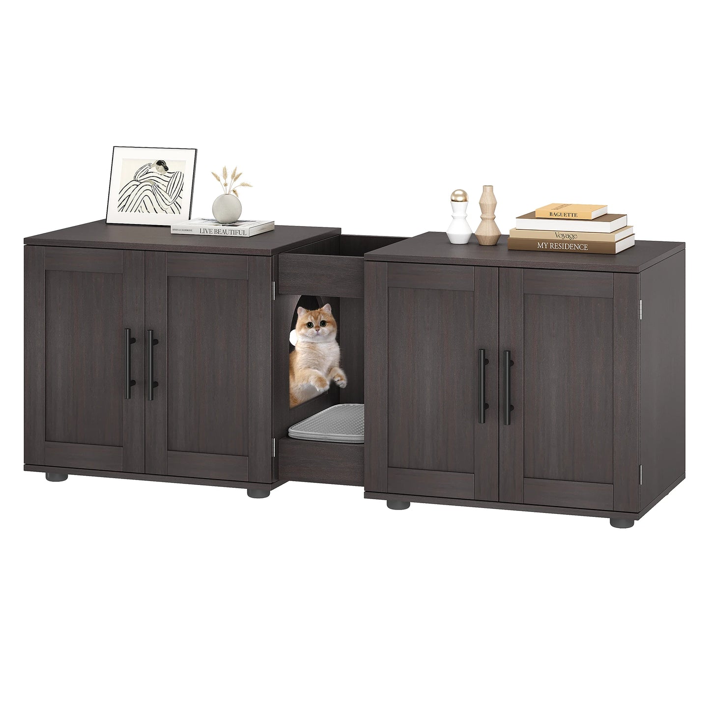 Double-Room Cat Litter Box Enclosure Furniture for 2 Cats - Wooden Design Discreet Home Decor Solution with Integrated Storage