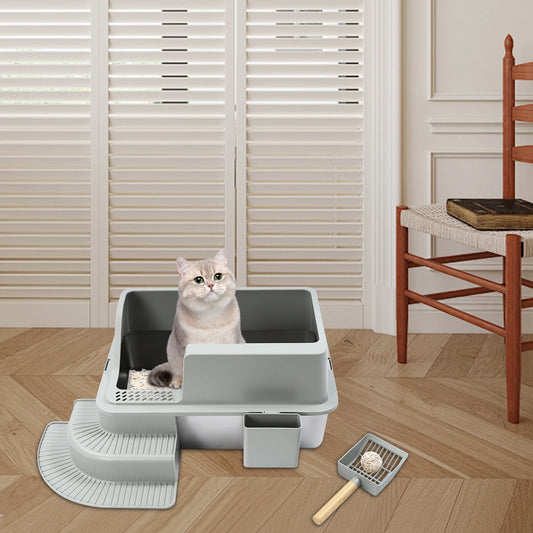 Light Grey Cat Litter Box—Stainless Steel/ABS 18.16Qt Capacity+High Sides 2-Step Stair+Litter Leak Pedal Fits Cats Up To22.05lbs