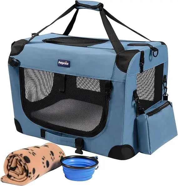 Portable Collapsible Dog Crate, Travel Dog Crate 24x17x17 with Soft Warm Blanket and Foldable Bowl for Large Cats & Small Dogs
