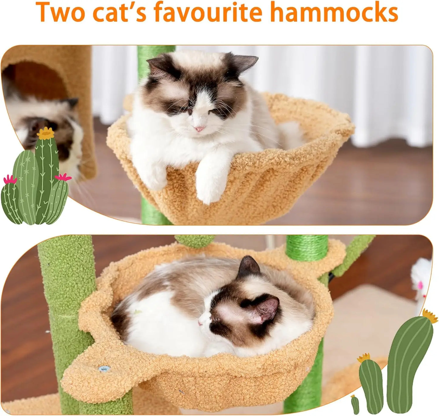 Cat Tree 39.4' Cactus Tower with Scratching Post, Sisal Pole, Soft Platform, 2 Baskets, Dangling Toy, Green/Yellow