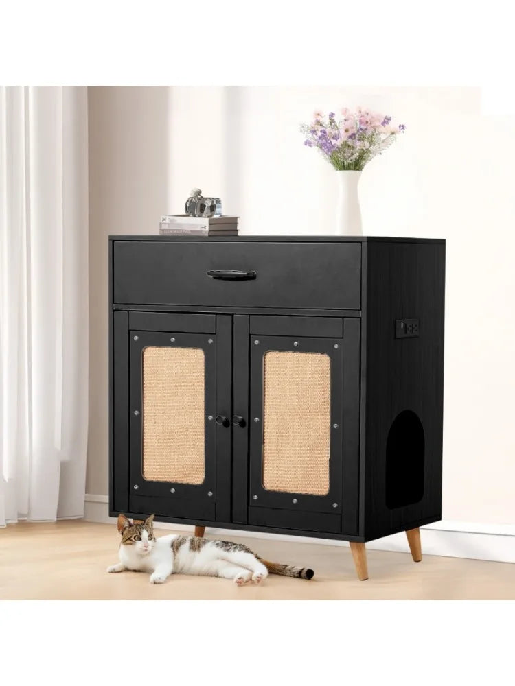 EROMMY Hidden Cat Litter Box Cabinet - Furniture with Ventilated Drawer, Slotted Odor-Control, Multi-Functional Storage Black