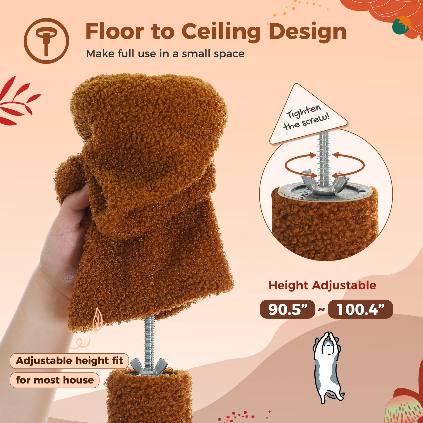 Cat Tree Floor to Ceiling Cat Tower Adjustable Height with Cat Condo Cozy Hammock and Scratching Post Tall Activity Tree Borwn