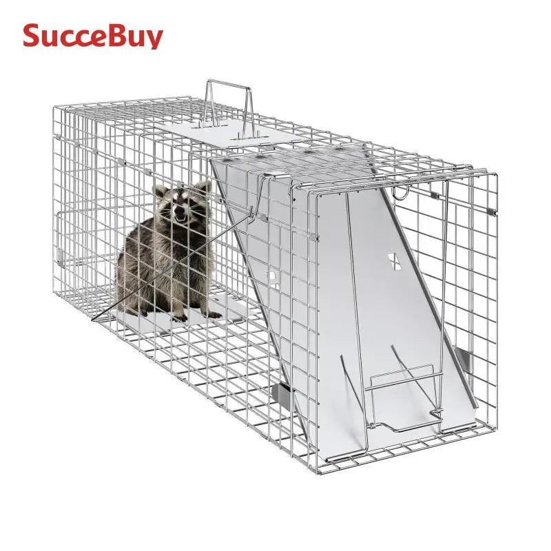 SucceBuy 24/31/42/50in Animal Cage Trap Folding Humane Cat Trap Galvanized Iron with Handle for Rabbits Squirrels Groundhogs
