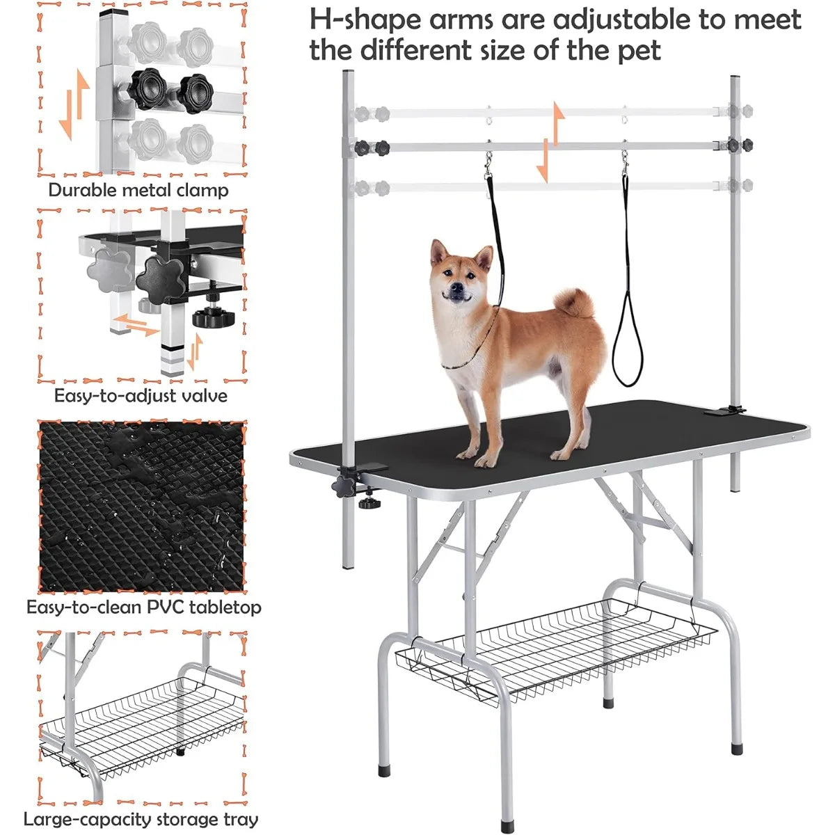 Heavy Duty 46 Inch Dog Grooming Table, 265Lb Capacity Adjustable Height Drying Table, Non-Slip Portable with Arm & Noose