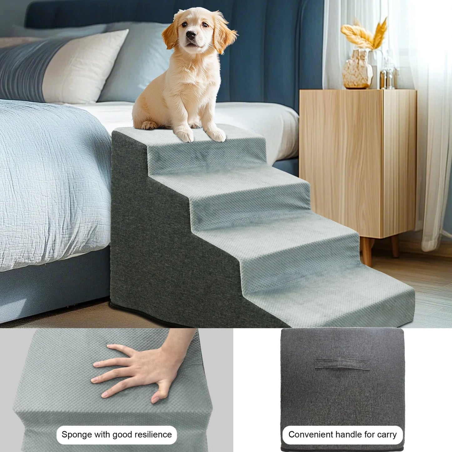3/4 Steps High Density Foam Dog Stairs Ramps, for High Beds and Sofa, Non-Slip Pet Steps Sofa Bed Ladder, with Washable Cover